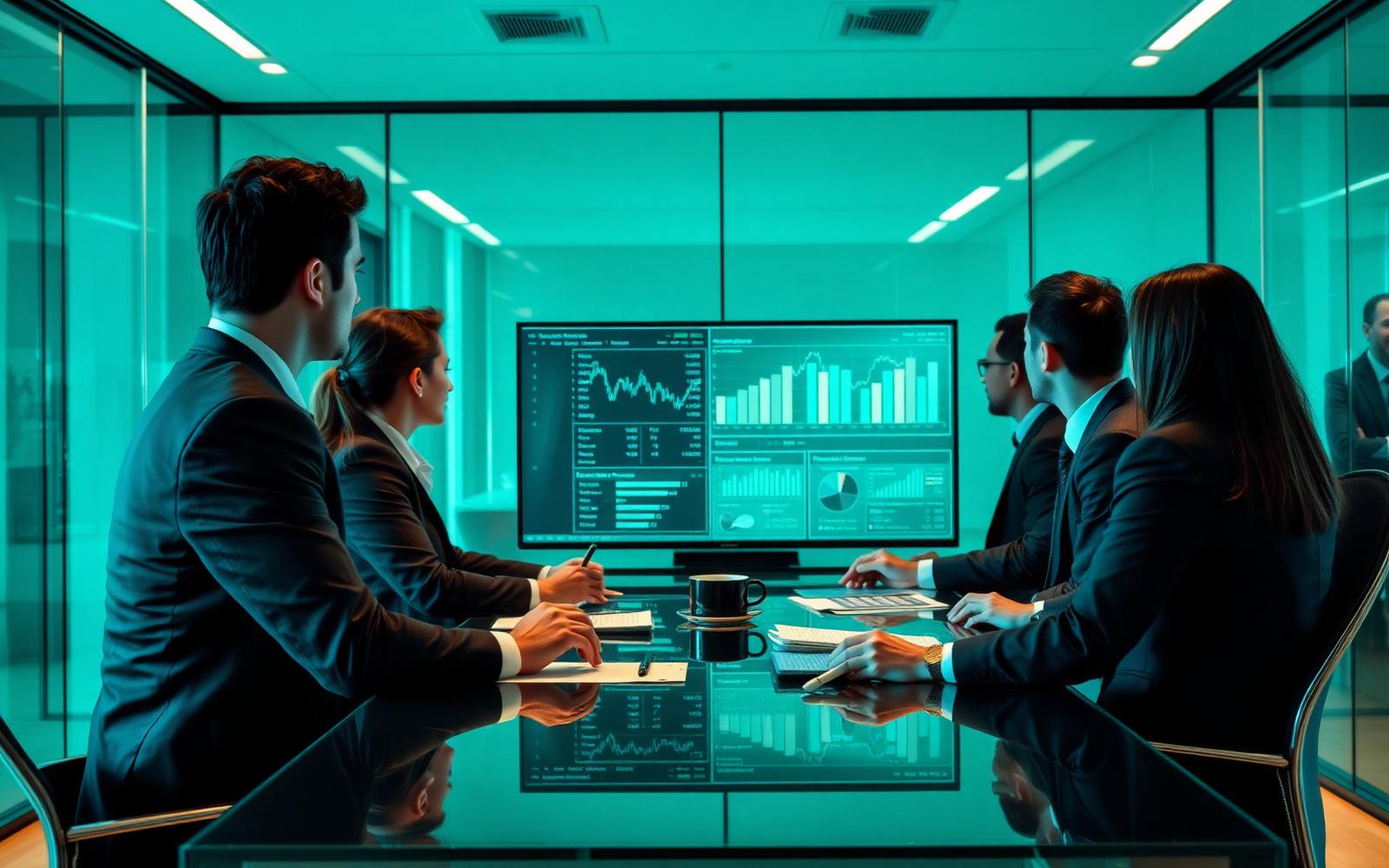 Investment team reviewing portfolio analytics